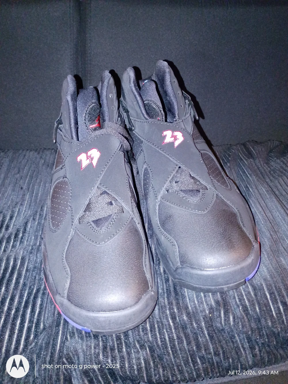 Black Nike Air Jordan 8s Athletic Shoes with Red And Blue Accent -